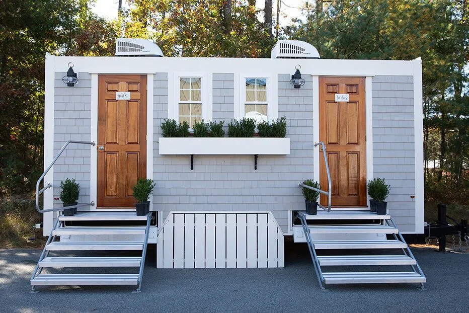 Wedding restroom units discretely staged at a venue in Mooresville, North Carolina